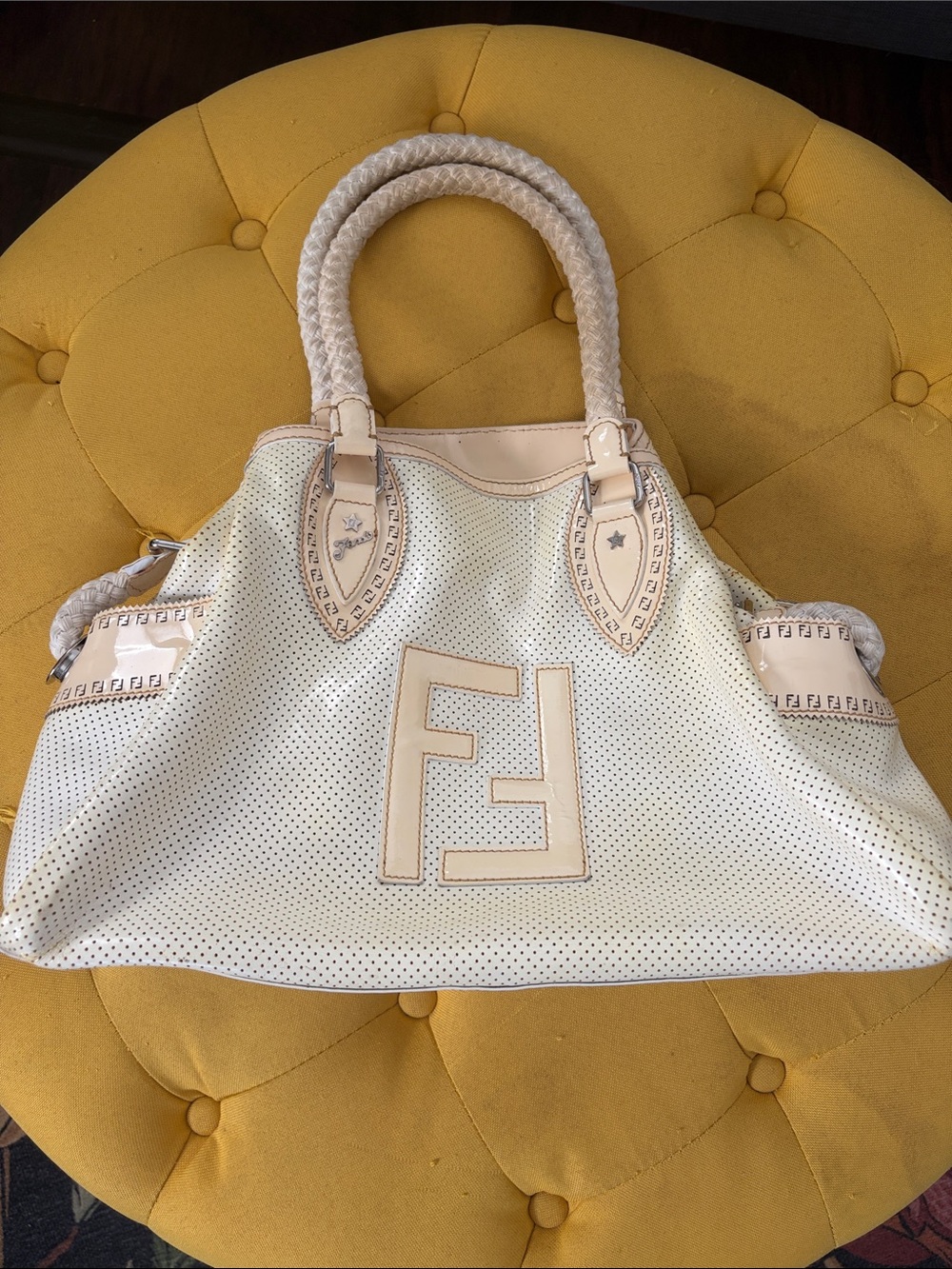 Vintage Fendi Cream Perforated Leather Tote with Braided Handles